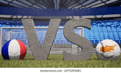 A soccer match between France and Cyprus is symbolized by two soccer balls with their national flags and a large vs on a stadium field - Powered by Shutterstock