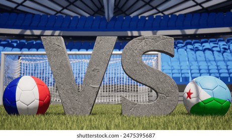 A soccer match between France and Djibouti is symbolized by two soccer balls with their national flags and a large vs on a stadium field - Powered by Shutterstock