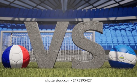 A soccer match between France and Nicaragua is symbolized by two soccer balls with their national flags and a large vs on a stadium field - Powered by Shutterstock