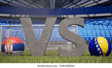 A soccer match between Serbia and Bosnia and Herzegovina is symbolized by two soccer balls with their national flags and a large vs on a stadium field - Powered by Shutterstock