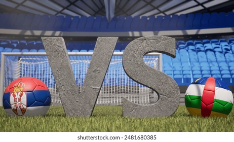 A soccer match between Serbia and Central African Republic is symbolized by two soccer balls with their national flags and a large vs on a stadium field - Powered by Shutterstock