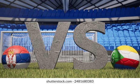 A soccer match between Serbia and Comoros is symbolized by two soccer balls with their national flags and a large vs on a stadium field - Powered by Shutterstock