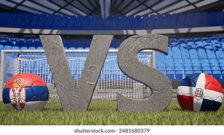 A soccer match between Serbia and Dominican Republic is symbolized by two soccer balls with their national flags and a large vs on a stadium field - Powered by Shutterstock