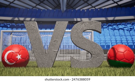 A soccer match between Turkey and Belarus is symbolized by two soccer balls with their national flags and a large vs on a stadium field - Powered by Shutterstock