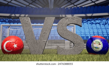 A soccer match between Turkey and Belize is symbolized by two soccer balls with their national flags and a large vs on a stadium field - Powered by Shutterstock