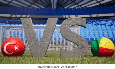 A soccer match between Turkey and Benin is symbolized by two soccer balls with their national flags and a large vs on a stadium field - Powered by Shutterstock