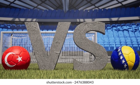 A soccer match between Turkey and Bosnia and Herzegovina is symbolized by two soccer balls with their national flags and a large vs on a stadium field - Powered by Shutterstock