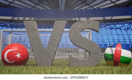 A soccer match between Turkey and Central African Republic is symbolized by two soccer balls with their national flags and a large vs on a stadium field - Powered by Shutterstock