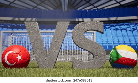 A soccer match between Turkey and Comoros is symbolized by two soccer balls with their national flags and a large vs on a stadium field - Powered by Shutterstock