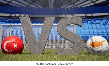 A soccer match between Turkey and Cyprus is symbolized by two soccer balls with their national flags and a large vs on a stadium field - Powered by Shutterstock