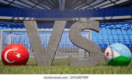 A soccer match between Turkey and Djibouti is symbolized by two soccer balls with their national flags and a large vs on a stadium field - Powered by Shutterstock