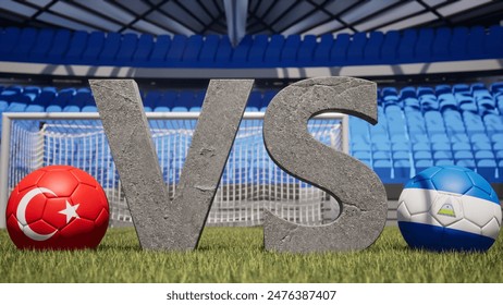 A soccer match between Turkey and Nicaragua is symbolized by two soccer balls with their national flags and a large vs on a stadium field - Powered by Shutterstock