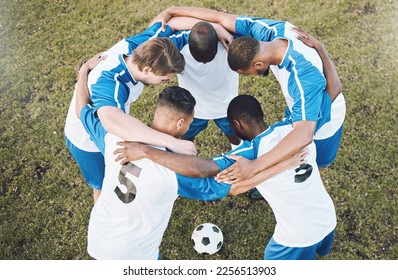 Soccer men, huddle and motivation for sports competition or game with teamwork on a field. Football group people with planning strategy, support and trust for collaboration with diversity at training - Powered by Shutterstock