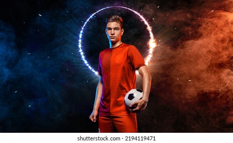 Soccer player. Athlete in football sportswear on game with ball. Sport concept. - Shutterstock ID 2194119471