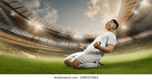 Soccer player celebrates triumphant moment, kneeling on field. Stadium lights shine brightly, illuminating energetic scene. Concept of sports games, competition, championship, tournament. Ad - Powered by Shutterstock