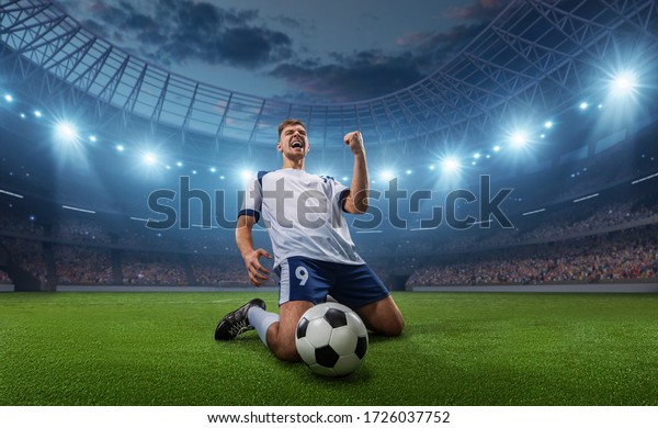 Soccer player celebrates a
victory on the professional stadium . Stadium and crowd are made in
3D.