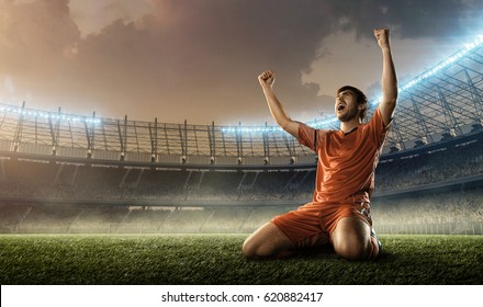 Soccer Player Celebrating Goal On A Soccer Field During The Match