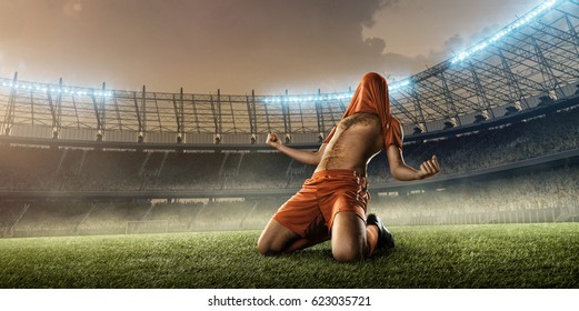 Soccer Player Celebrating A Goal On A Soccer Stadium