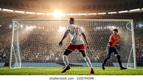 Soccer player is celebrating scored goal, running happily on a professional soccer stadium. Stadium and crowd are made in 3D.