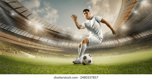 Soccer player dressed uniform skillfully controls ball on field, with focused expression. Stadium lights illuminate scene, highlighting player's athletic prowess Concept of sports games, tournament.