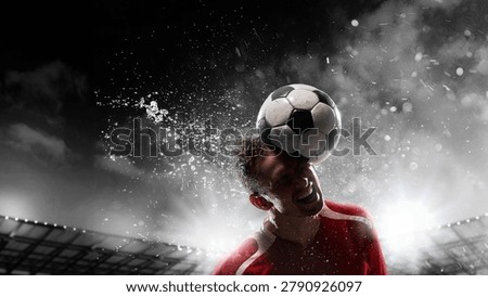 Soccer player heading ball with dramatic stadium spray. Concept of match previews, club posters, sports news covers, fan campaigns, and tournament promotion.