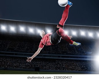 Soccer player kicking ball in mid-air on field - Powered by Shutterstock