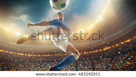 Soccer player kicks the ball with his feet in mod air during a soccer game on a professional outdoor soccer stadium. He wears unbranded soccer uniform. Stadium and crowd are made in 3D.