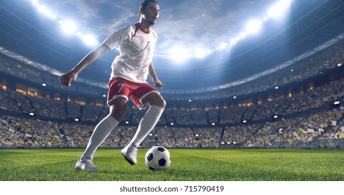 Soccer player kicks the ball on the soccer stadium. He wear unbranded sports clothes. Stadium and crowd made in 3D.