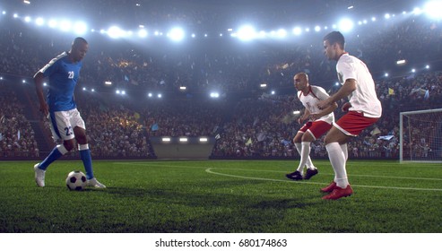 Soccer player makes a dramatic play during game on professional outdoor soccer stadium. All players are wearing unbranded soccer uniform. Stadium and crowd are made in 3D.
