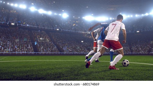 Soccer Player Makes A Dramatic Play During Game On Professional Outdoor Soccer Stadium. All Players Are Wearing Unbranded Soccer Uniform. Stadium And Crowd Are Made In 3D.