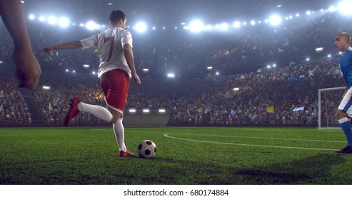 Soccer player makes a dramatic play during game on professional outdoor soccer stadium. All players are wearing unbranded soccer uniform. Stadium and crowd are made in 3D.