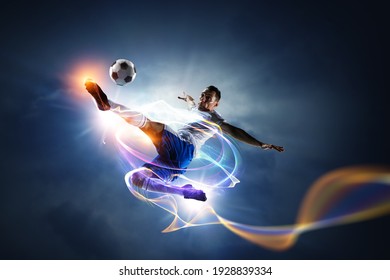 Soccer player on stadium in action. Mixed media - Shutterstock ID 1928839334