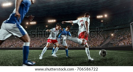 Soccer player performs an action play on a professional stadium. All players wear unbranded clothes. The stadium is made in 3D. 