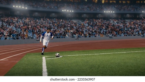 Soccer player performs a corner kick on a 3d made professional stadium at night.