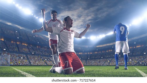 Soccer players celebrate a victory during a soccer game on a professional outdoor soccer stadium. They wear unbranded soccer uniform. Stadium and crowd are made in 3D. - Powered by Shutterstock