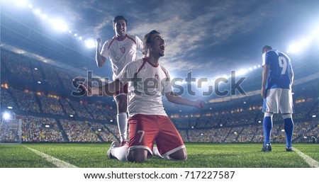 Soccer players celebrate a victory during a soccer game on a professional outdoor soccer stadium. They wear unbranded soccer uniform. Stadium and crowd are made in 3D.
