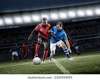 Soccer players chasing ball on field