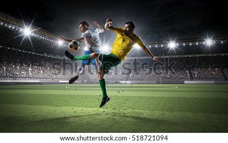 Soccer players fighting for ball . Mixed media