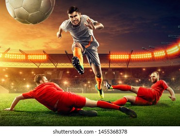 Soccer Players Fighting For A Ball. Tough Competition.  Slide Tackle. Soccer Stadium (3D Render)