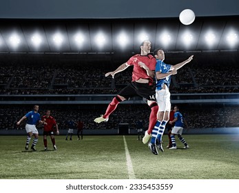 Soccer players jumping for ball on field - Powered by Shutterstock