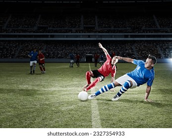 Soccer players kicking for ball on field - Powered by Shutterstock