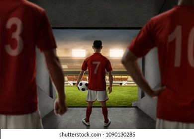 Soccer Players Team Standing On Stadium Entrance