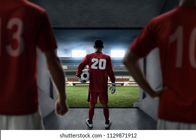 Soccer Players Team Standing On Stadium Entrance