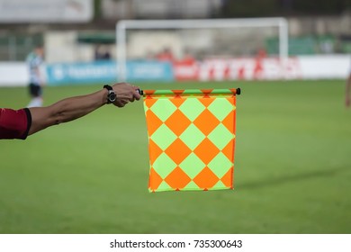 Soccer Referee Hold The Flag. Offside Trap