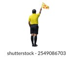 Soccer referee is raising the flag.
Isolated image on white background. This image has a clip path.