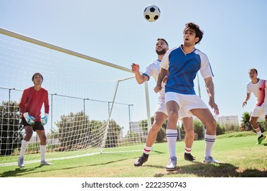 Soccer, sports and team playing game on an outdoor field for exercise, training and workout. Teamwork, football and healthy athletes practicing with ball on a grass pitch for match, fitness and skill - Powered by Shutterstock