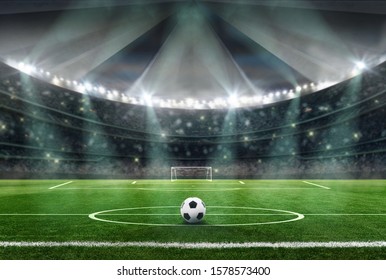 Soccer Stadium In The Evening - Ball In Midfield