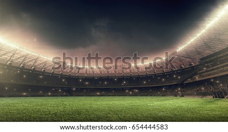 soccer stadium with illumination, green grass and night sky
