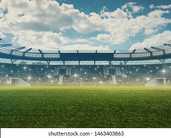 Soccer Stadium With Tribunes And Spectators. Green Grass And Cloudy Blue Sky