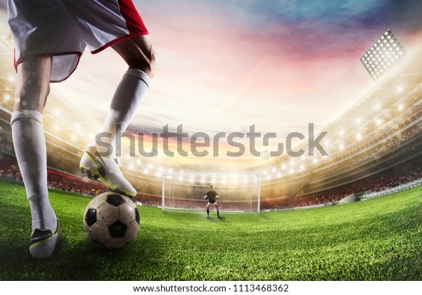 Soccer striker ready to kicks the ball in front\
of goalkeeper. 3D\
Rendering
